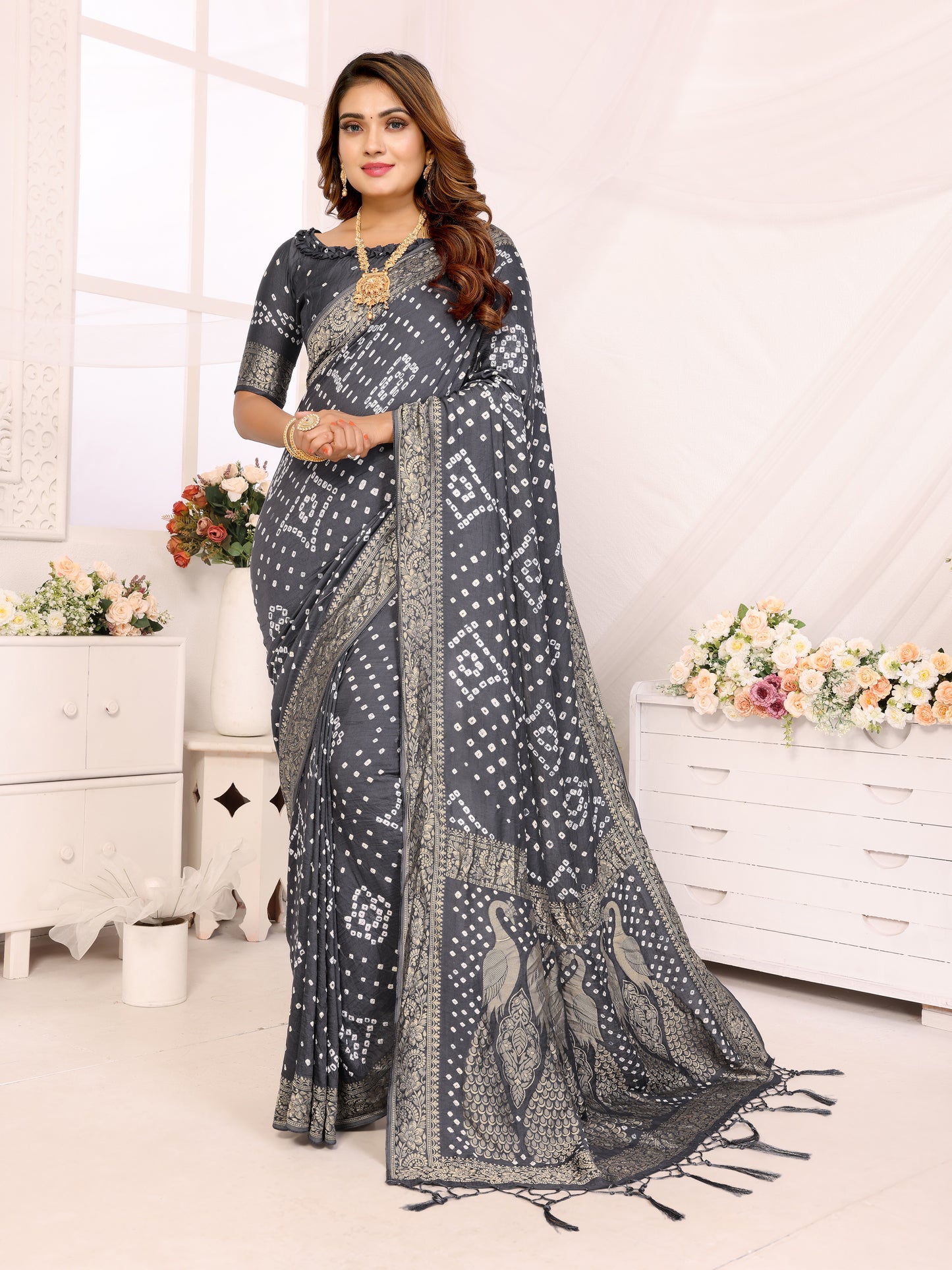 Grey Bandhej Bandhani Misco Gaji Peacock Saree