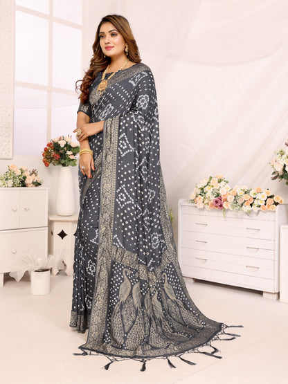 Grey Bandhej Bandhani Misco Gaji Peacock Saree