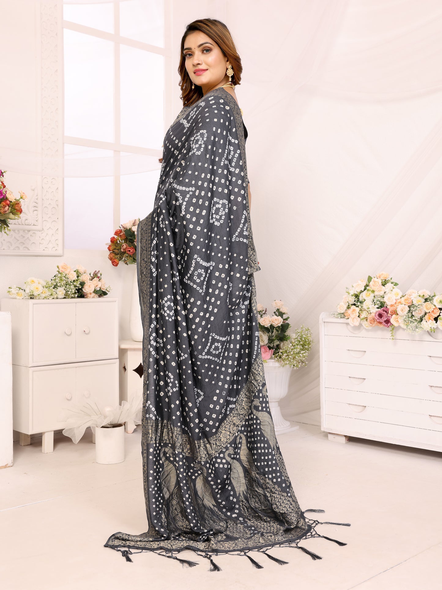 Grey Bandhej Bandhani Misco Gaji Peacock Saree