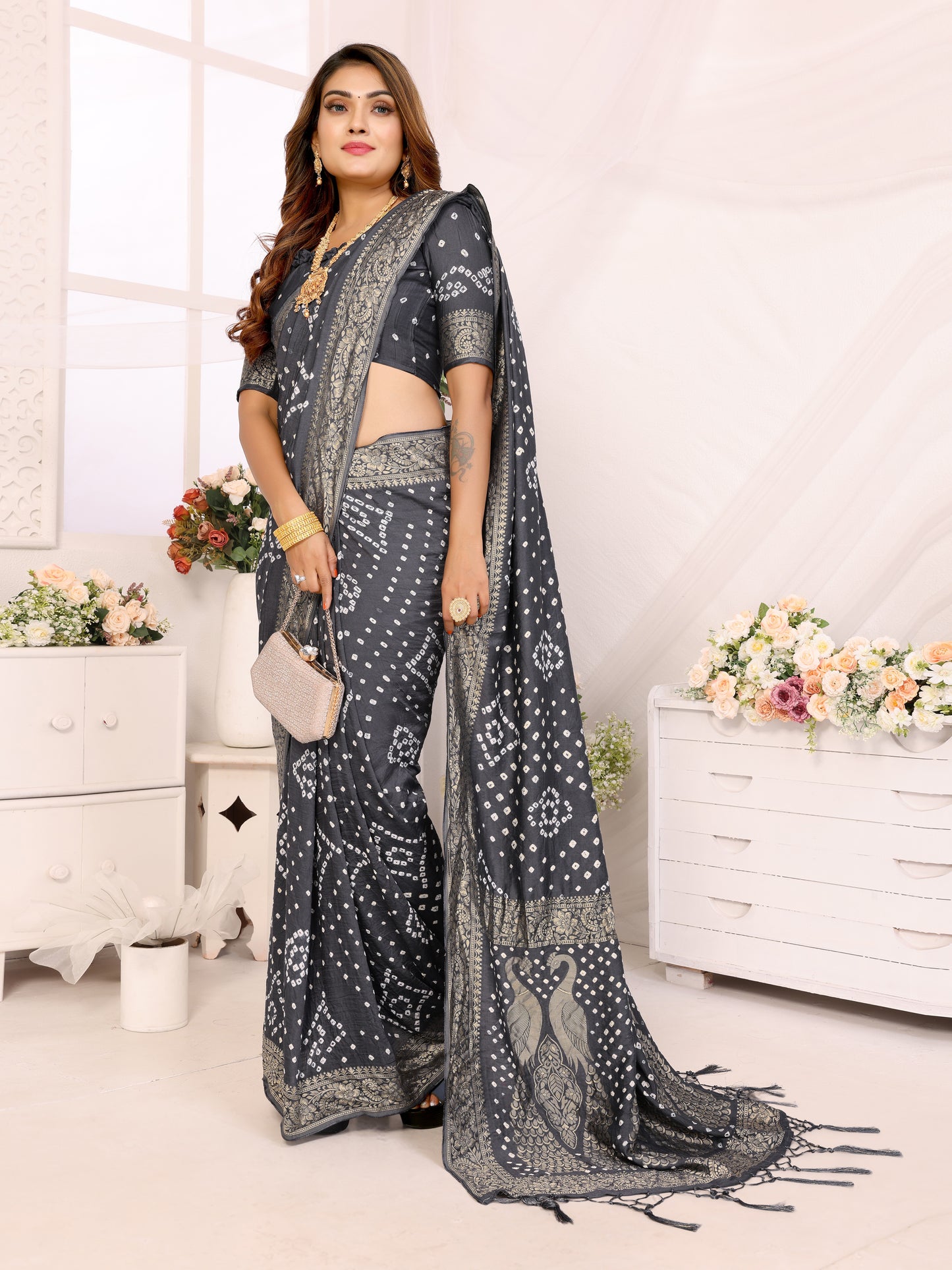 Grey Bandhej Bandhani Misco Gaji Peacock Saree