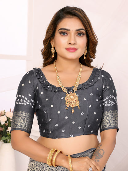 Grey Bandhej Bandhani Misco Gaji Peacock Saree