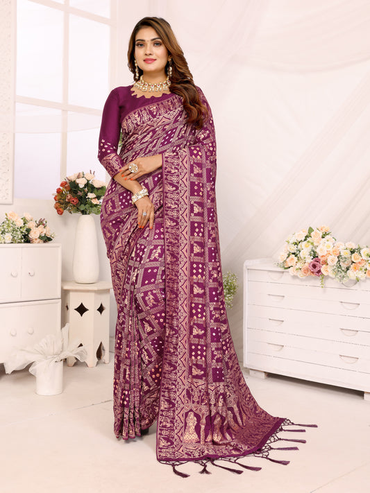 Wine Bandhej Bandhani Misco Gaji Panihari Checks Saree