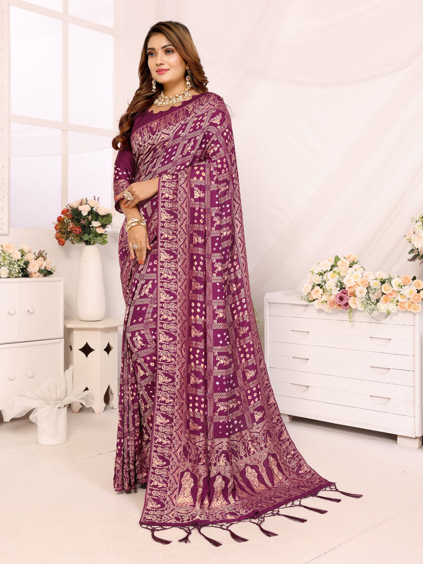 Wine Bandhej Bandhani Misco Gaji Panihari Checks Saree