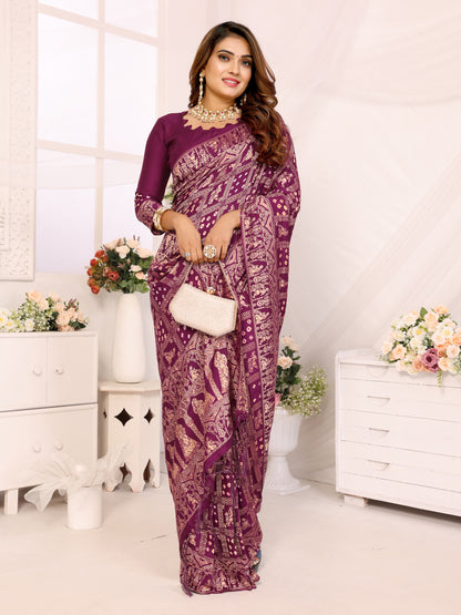 Wine Bandhej Bandhani Misco Gaji Panihari Checks Saree