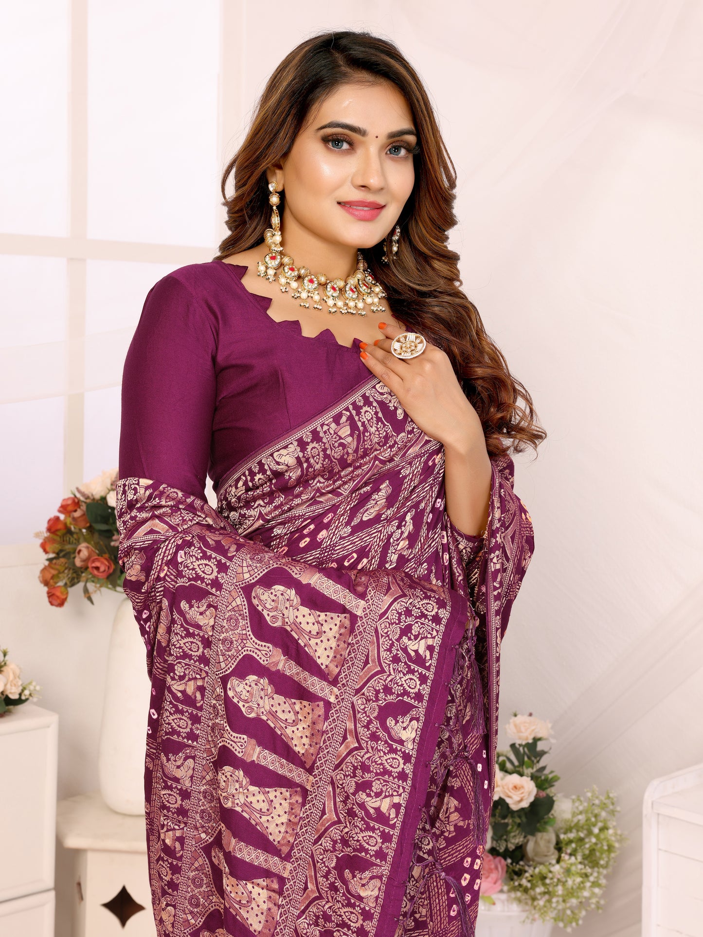 Wine Bandhej Bandhani Misco Gaji Panihari Checks Saree