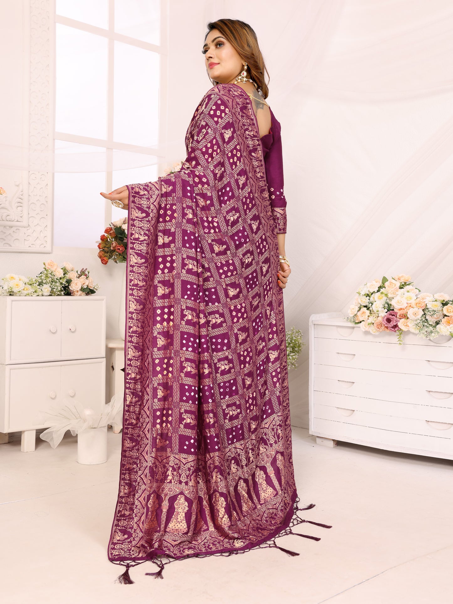 Wine Bandhej Bandhani Misco Gaji Panihari Checks Saree