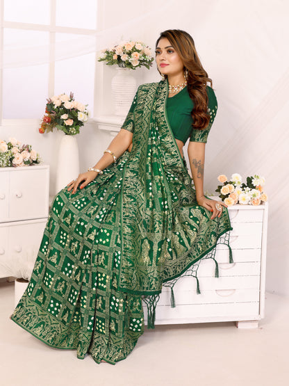 Green Bandhej Bandhani Misco Gaji Panihari Checks Saree