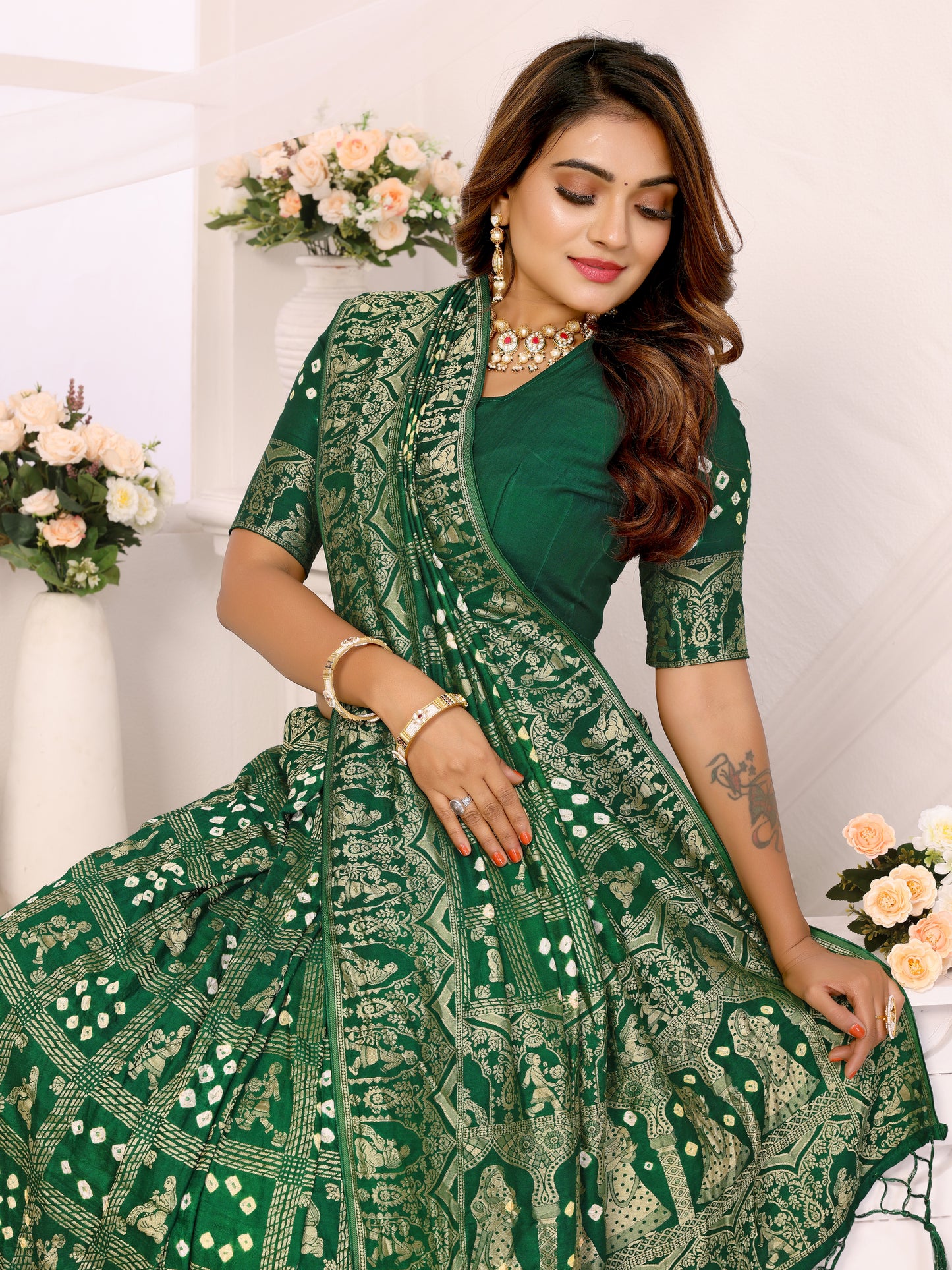 Green Bandhej Bandhani Misco Gaji Panihari Checks Saree