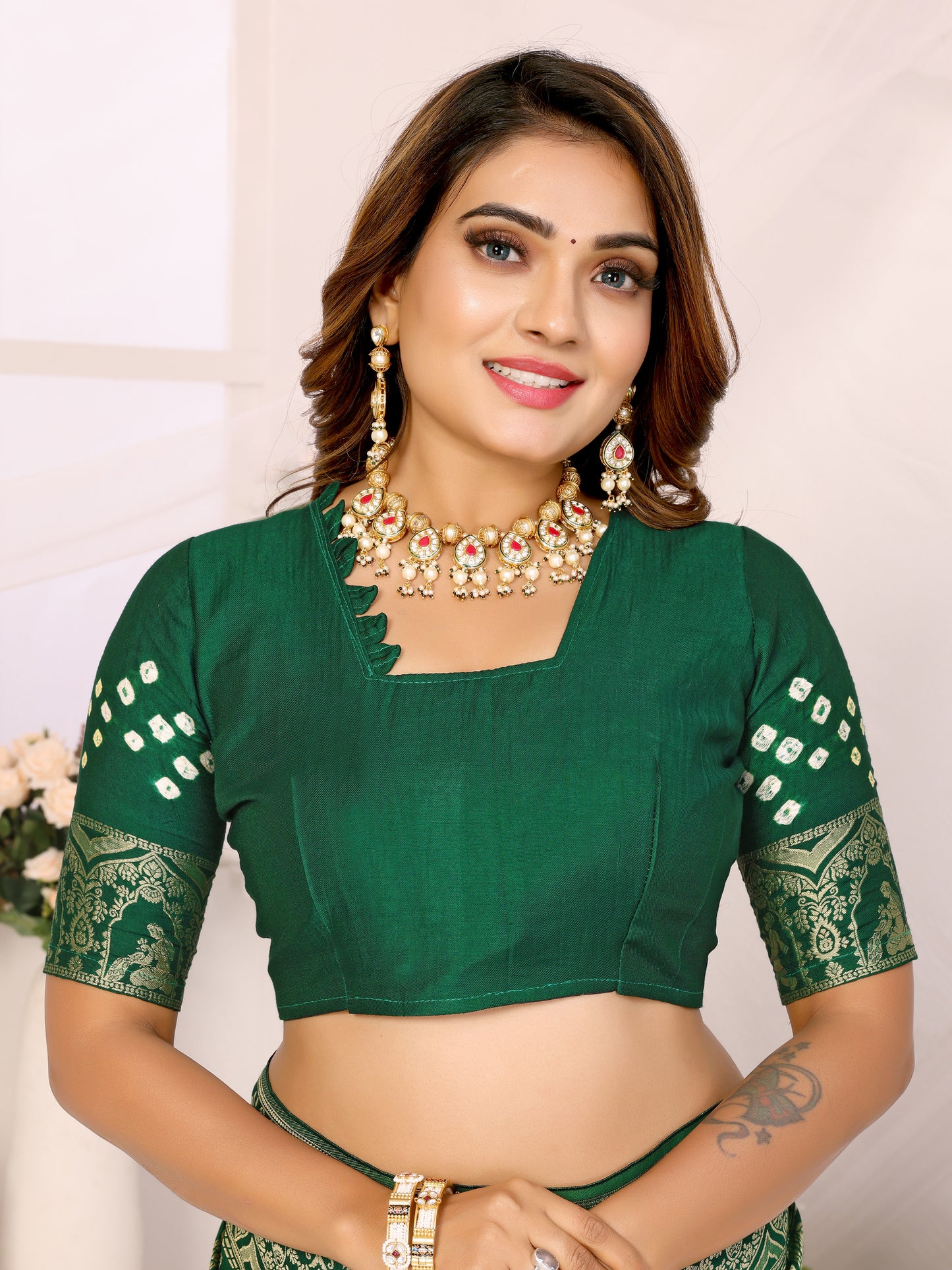 Green Bandhej Bandhani Misco Gaji Panihari Checks Saree