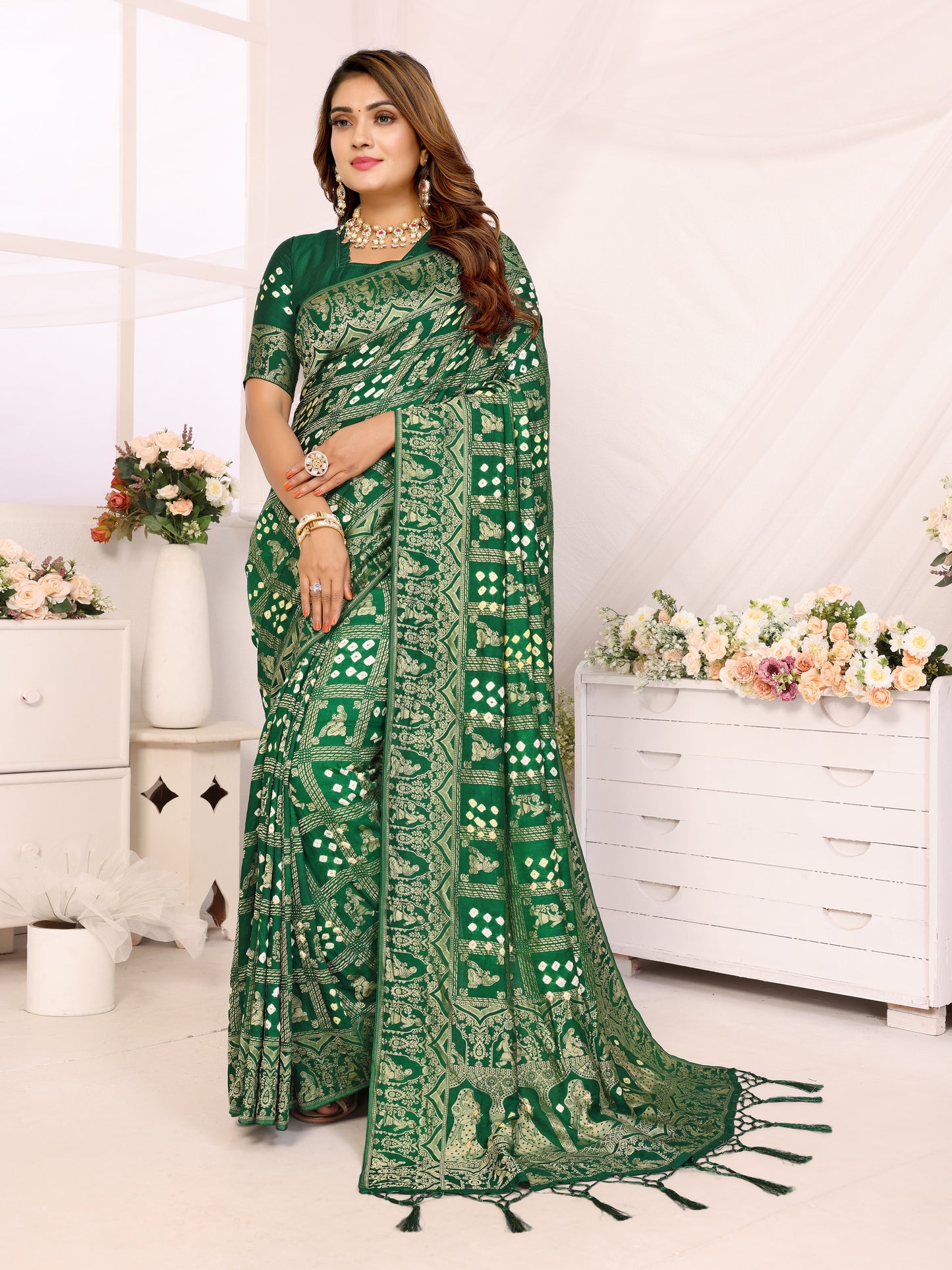 Green Bandhej Bandhani Misco Gaji Panihari Checks Saree