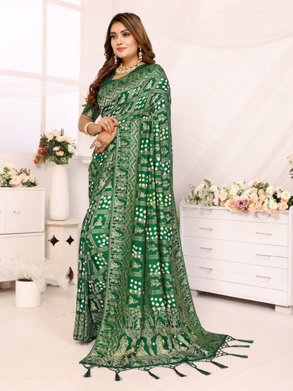 Green Bandhej Bandhani Misco Gaji Panihari Checks Saree