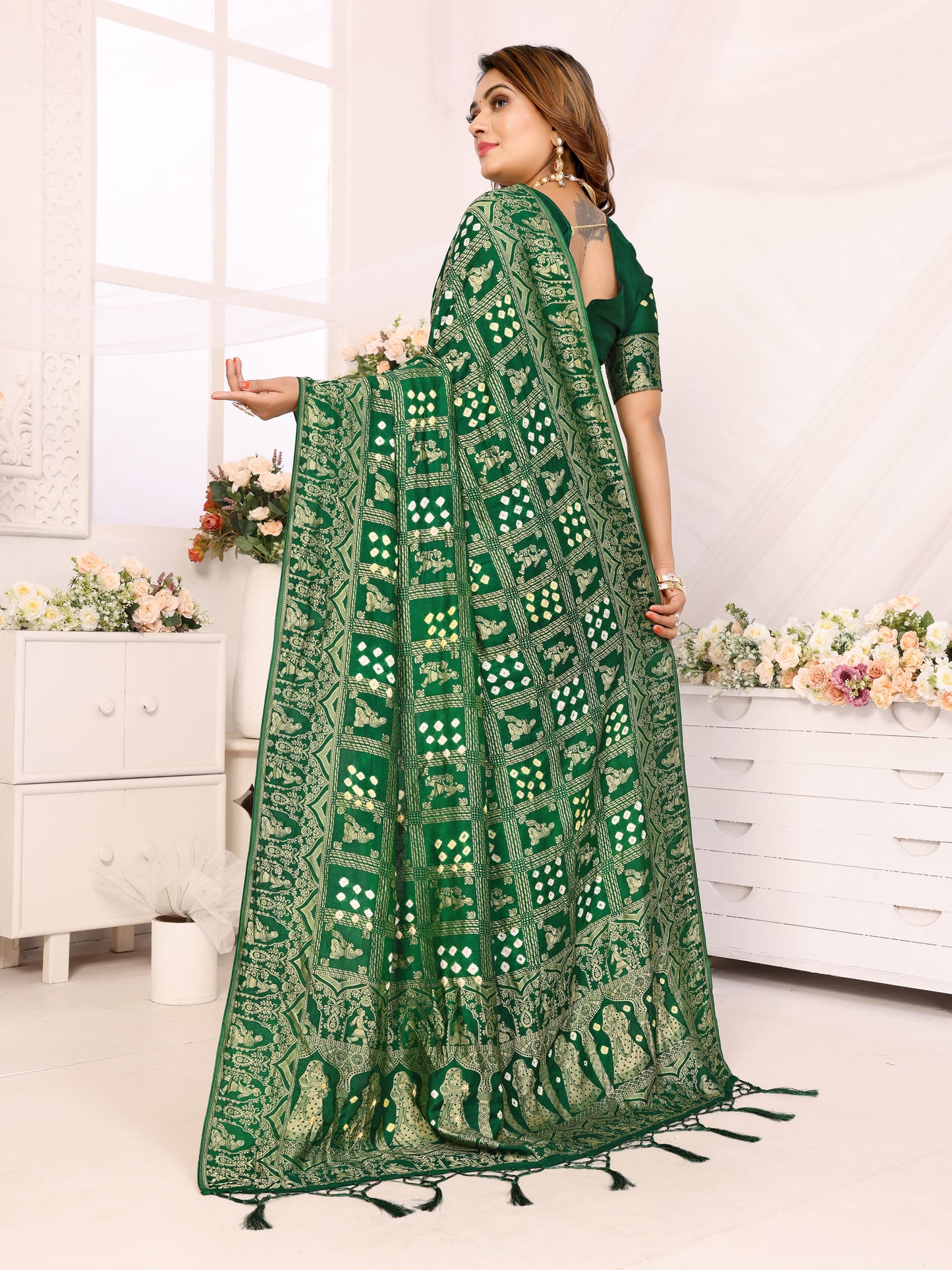 Green Bandhej Bandhani Misco Gaji Panihari Checks Saree