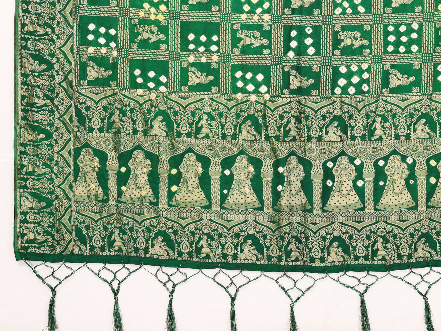 Green Bandhej Bandhani Misco Gaji Panihari Checks Saree