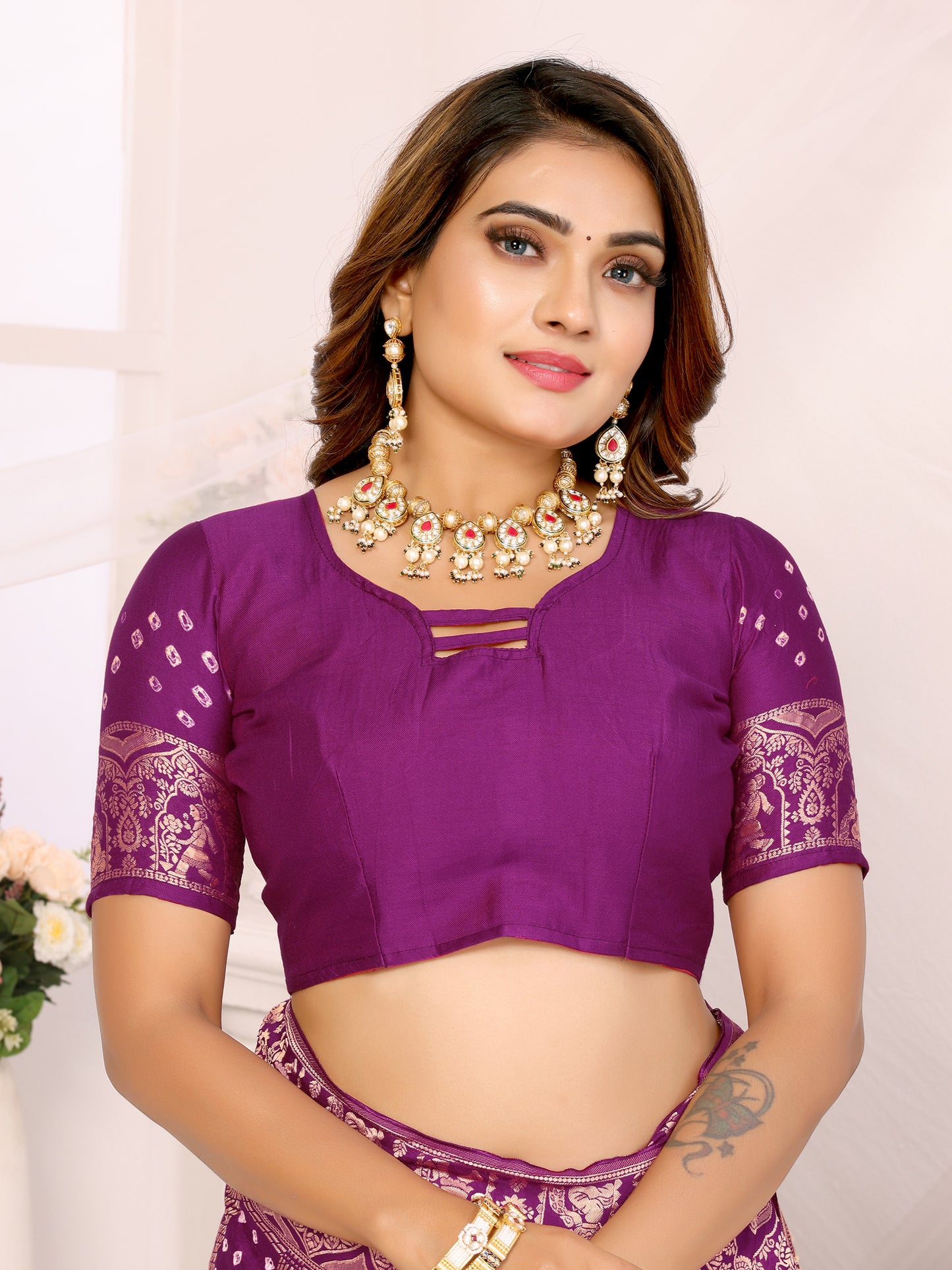 Purple Bandhej Bandhani Misco Gaji Panihari Checks Saree