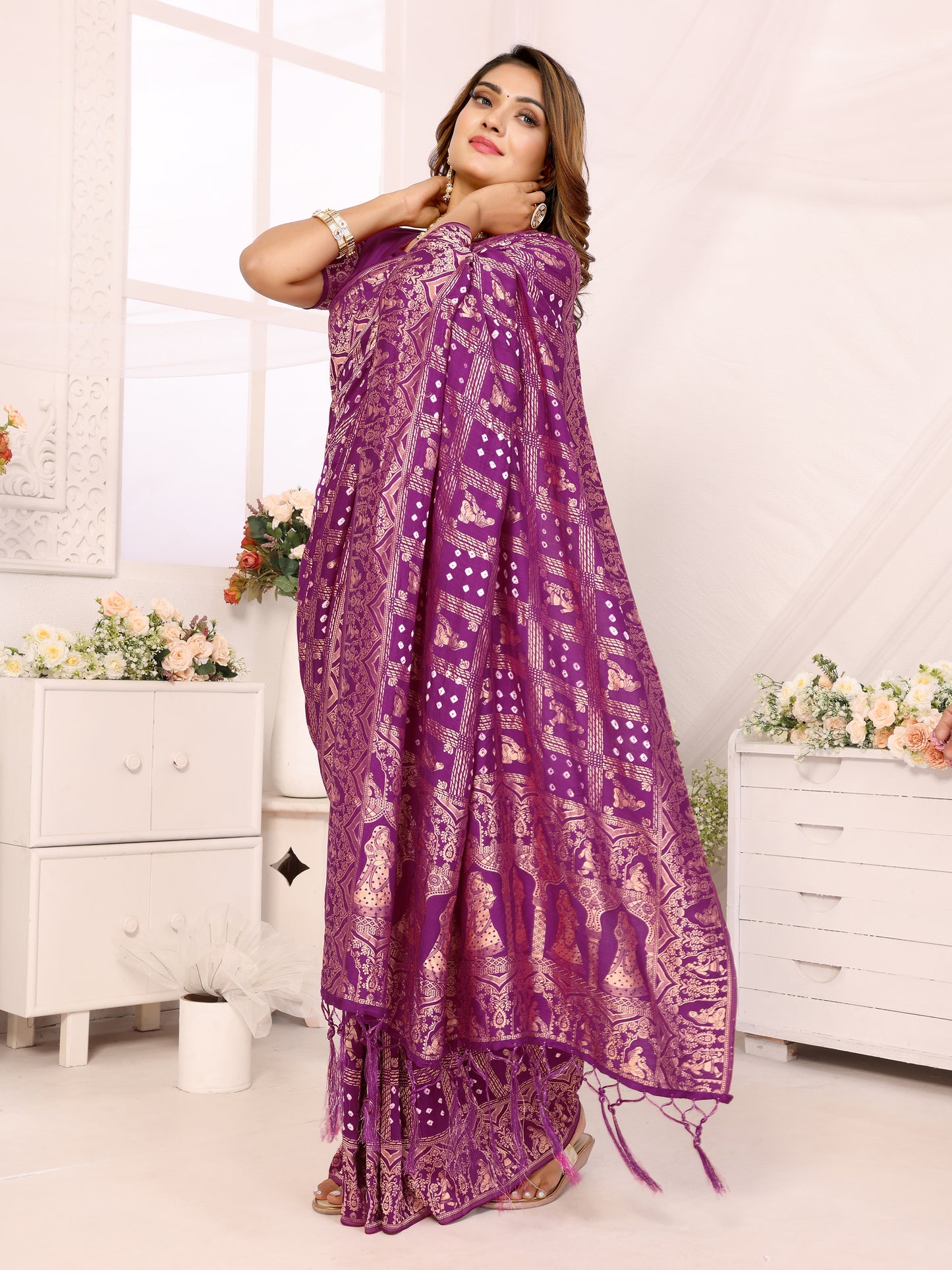 Purple Bandhej Bandhani Misco Gaji Panihari Checks Saree