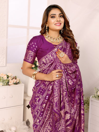 Purple Bandhej Bandhani Misco Gaji Panihari Checks Saree