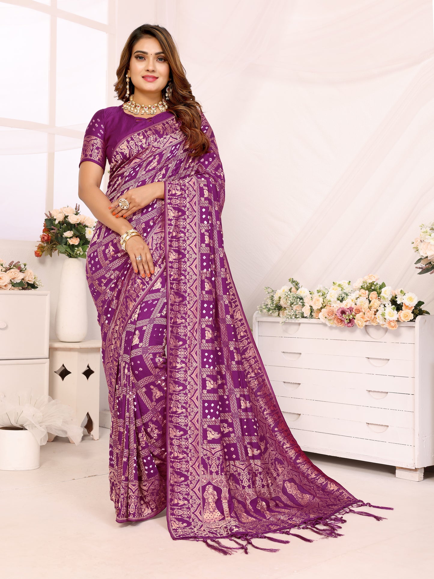 Purple Bandhej Bandhani Misco Gaji Panihari Checks Saree