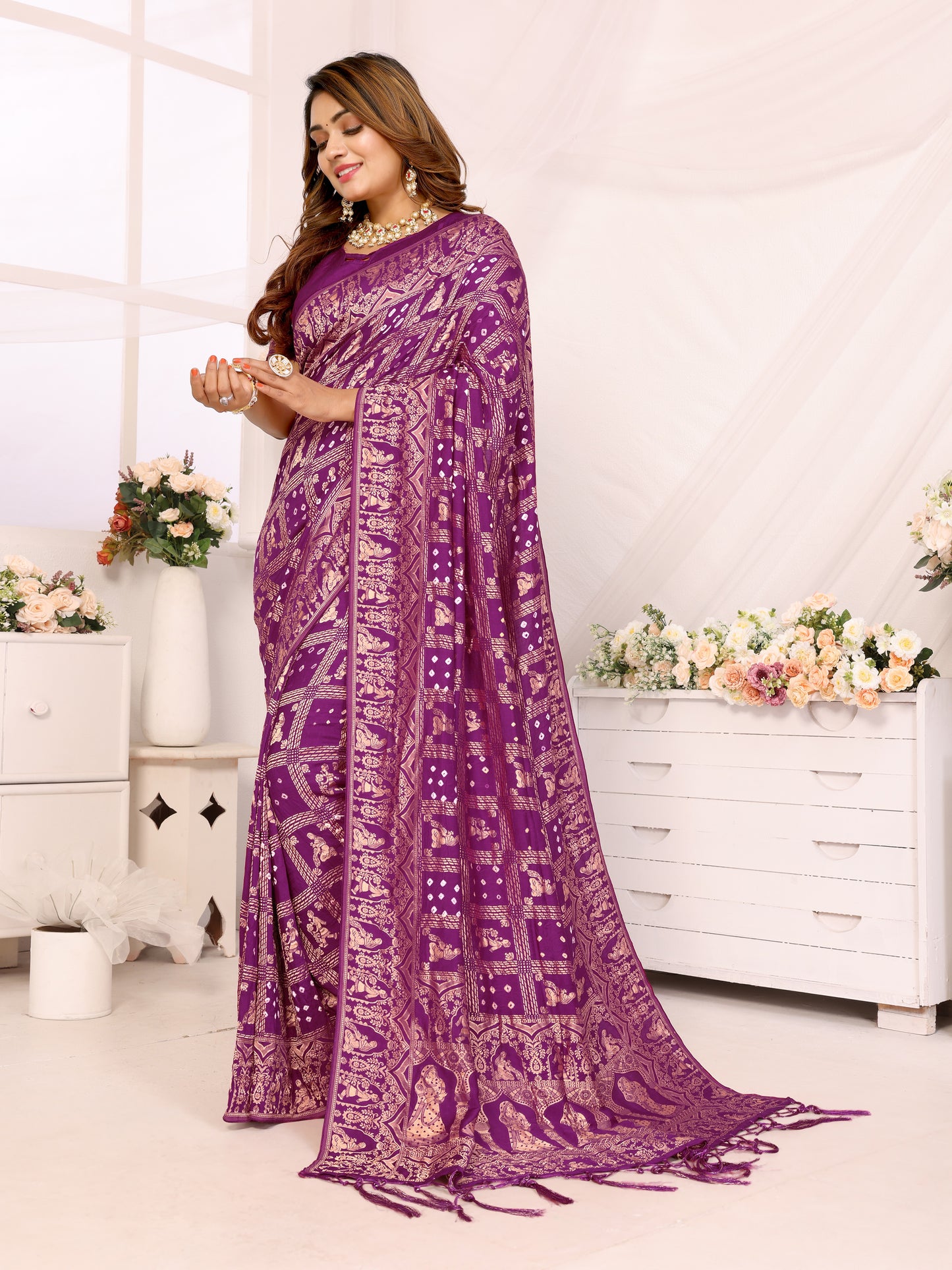 Purple Bandhej Bandhani Misco Gaji Panihari Checks Saree