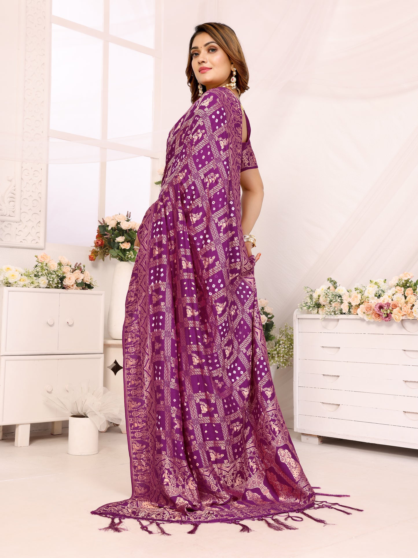 Purple Bandhej Bandhani Misco Gaji Panihari Checks Saree