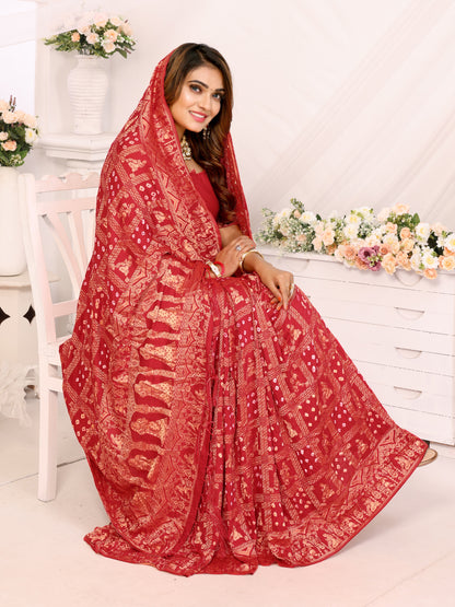 Red Bandhej Bandhani Misco Gaji Panihari Checks Saree