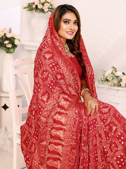 Red Bandhej Bandhani Misco Gaji Panihari Checks Saree