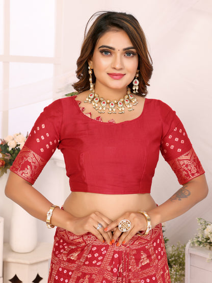 Red Bandhej Bandhani Misco Gaji Panihari Checks Saree