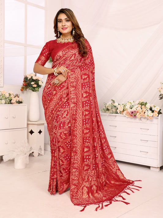 Red Bandhej Bandhani Misco Gaji Panihari Checks Saree