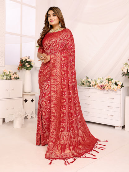 Red Bandhej Bandhani Misco Gaji Panihari Checks Saree