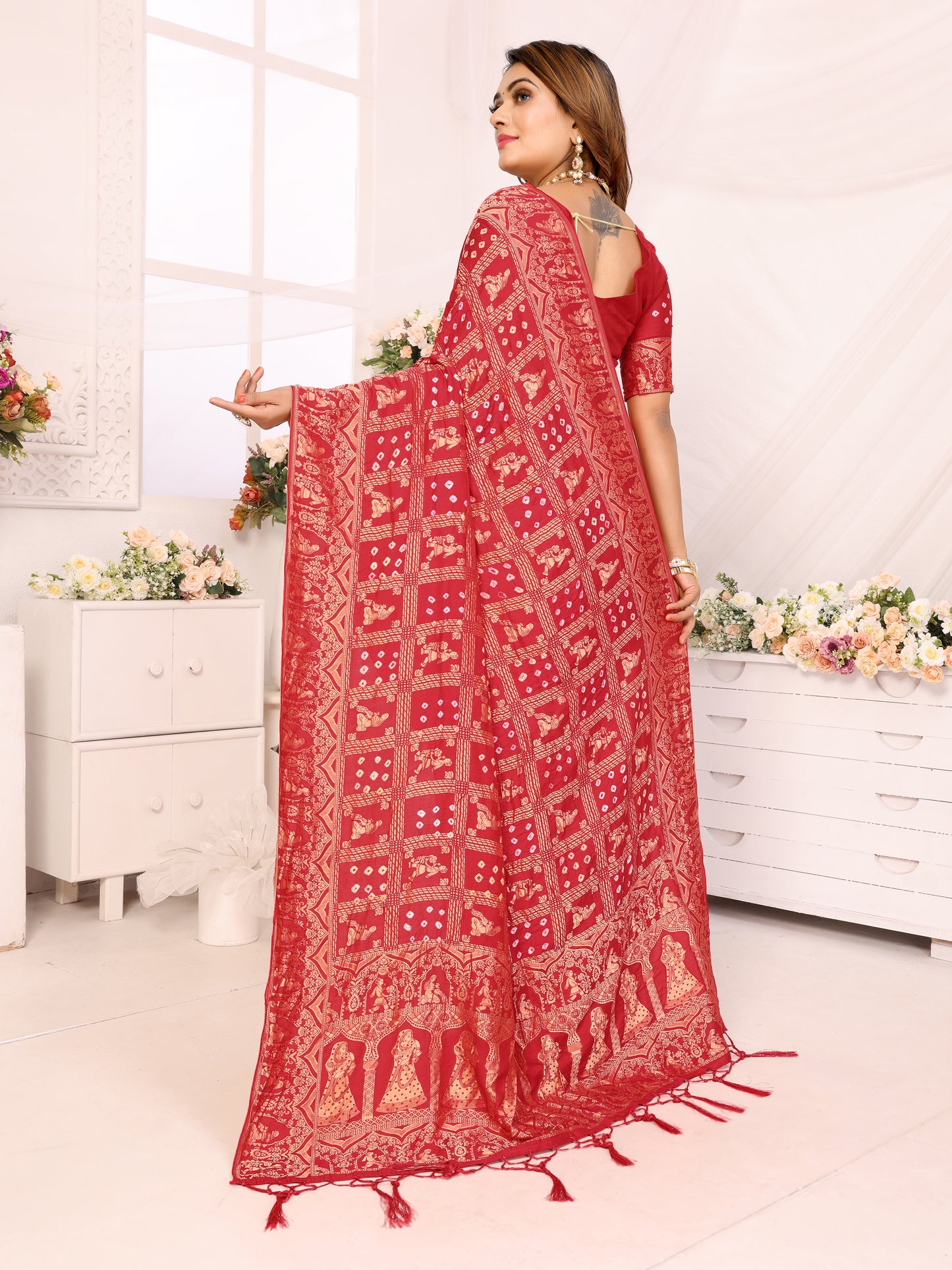 Red Bandhej Bandhani Misco Gaji Panihari Checks Saree