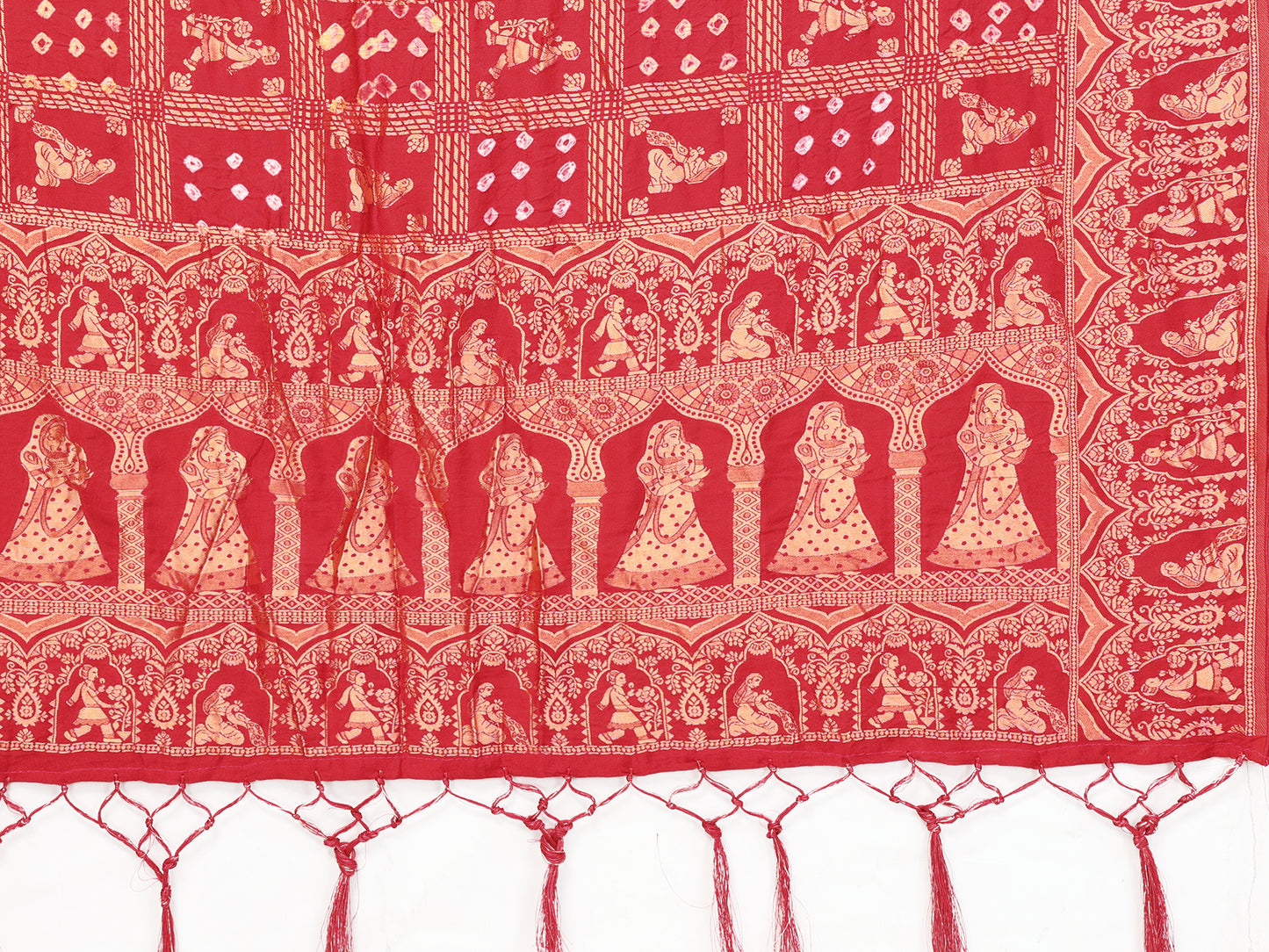 Red Bandhej Bandhani Misco Gaji Panihari Checks Saree