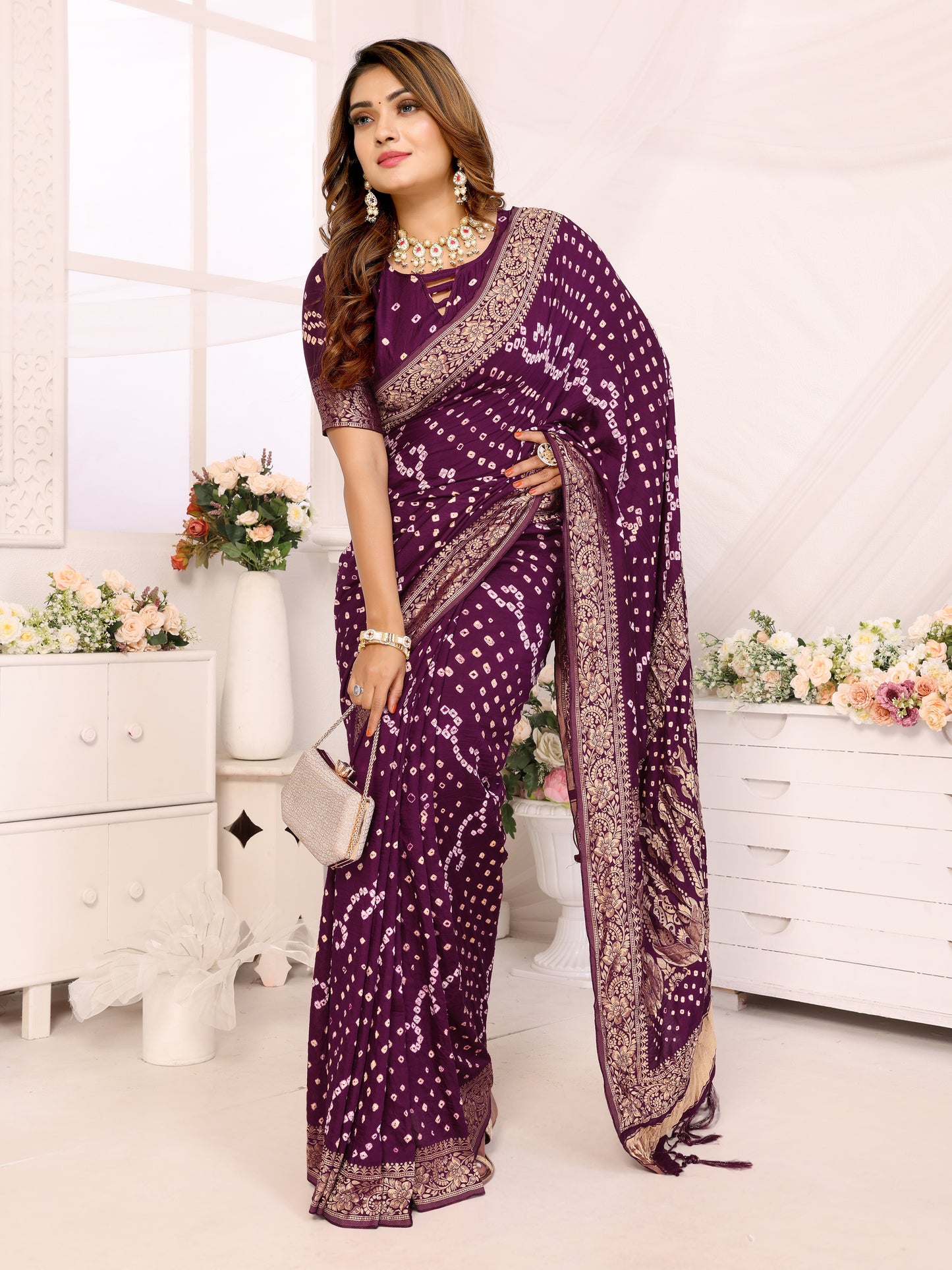 Wine Color Handwork Bandhej Bandhani Misco Gaji Kalash Saree