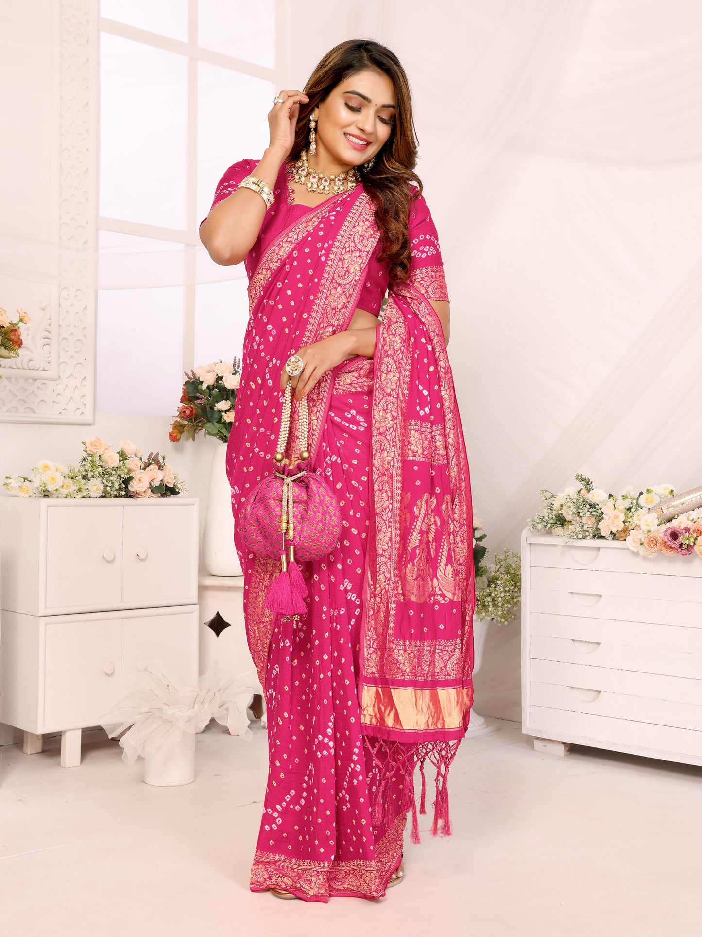 Pink Handwork Bandhej Bandhani Misco Gaji Kalash Saree