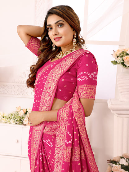 Pink Handwork Bandhej Bandhani Misco Gaji Kalash Saree