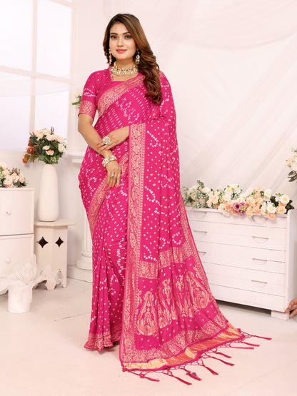 Pink Handwork Bandhej Bandhani Misco Gaji Kalash Saree