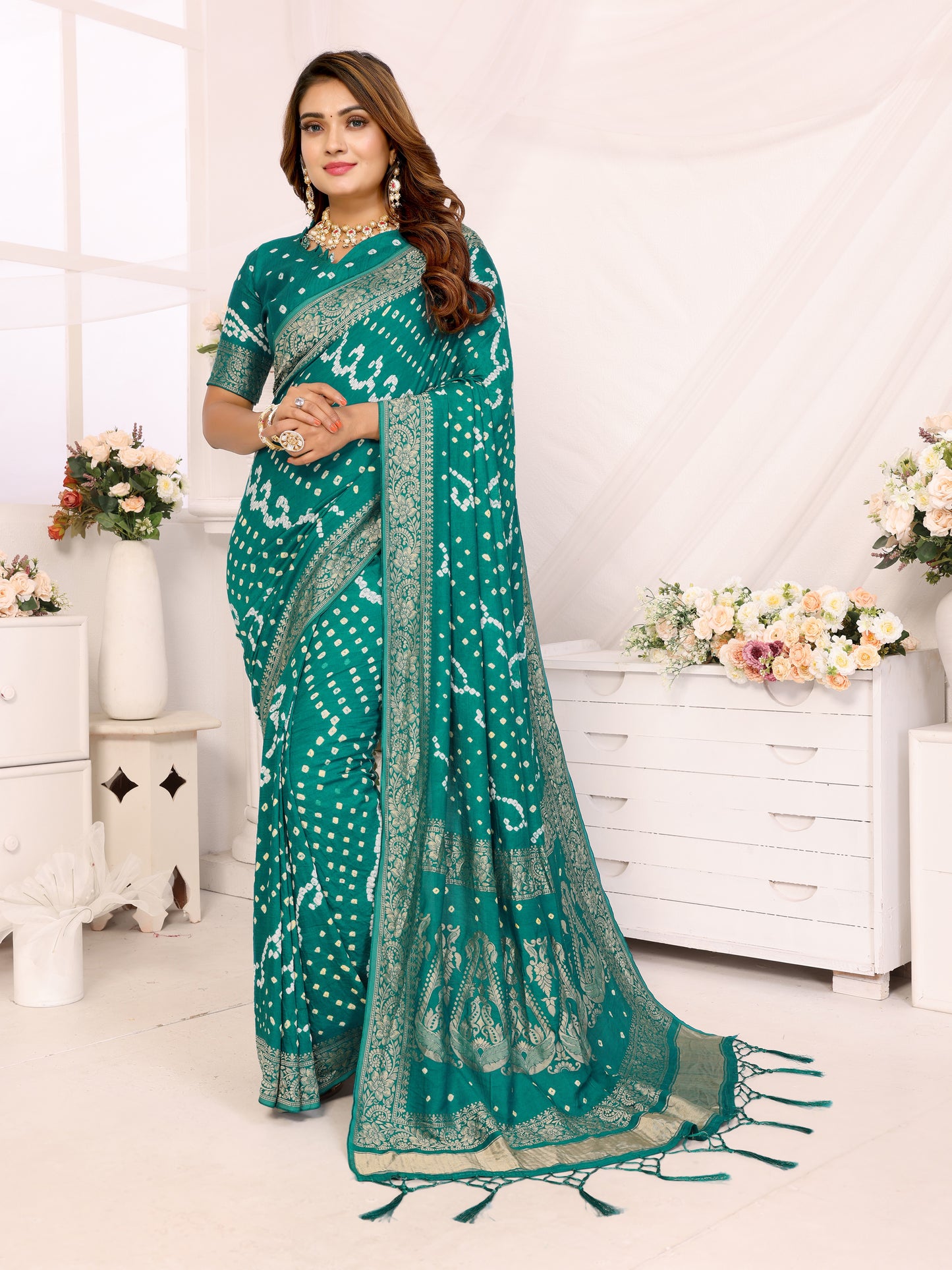 Rama Blue Handwork Bandhej Bandhani Misco Gaji Kalash Saree