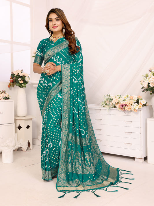 Rama Blue Handwork Bandhej Bandhani Misco Gaji Kalash Saree