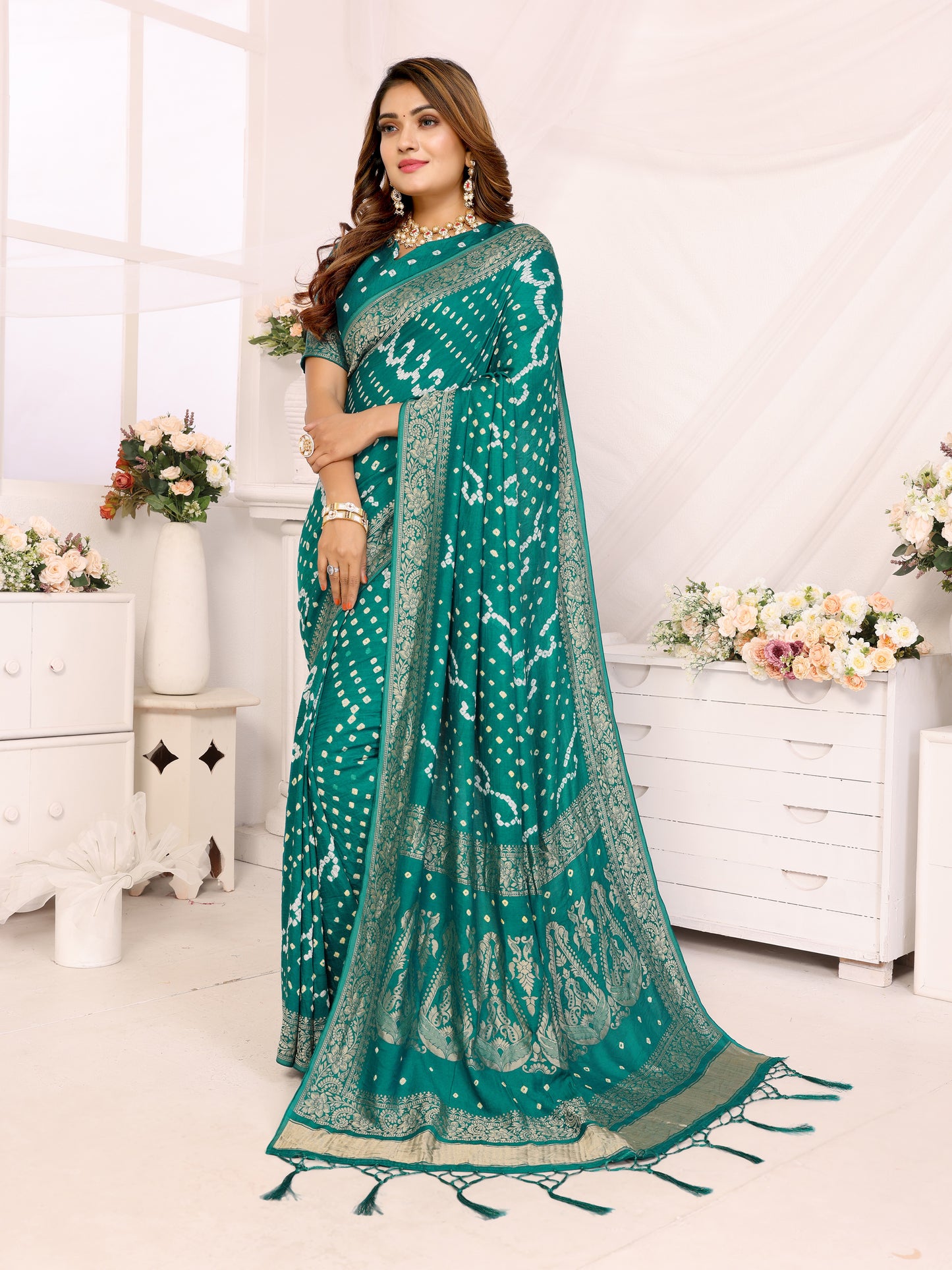 Rama Blue Handwork Bandhej Bandhani Misco Gaji Kalash Saree