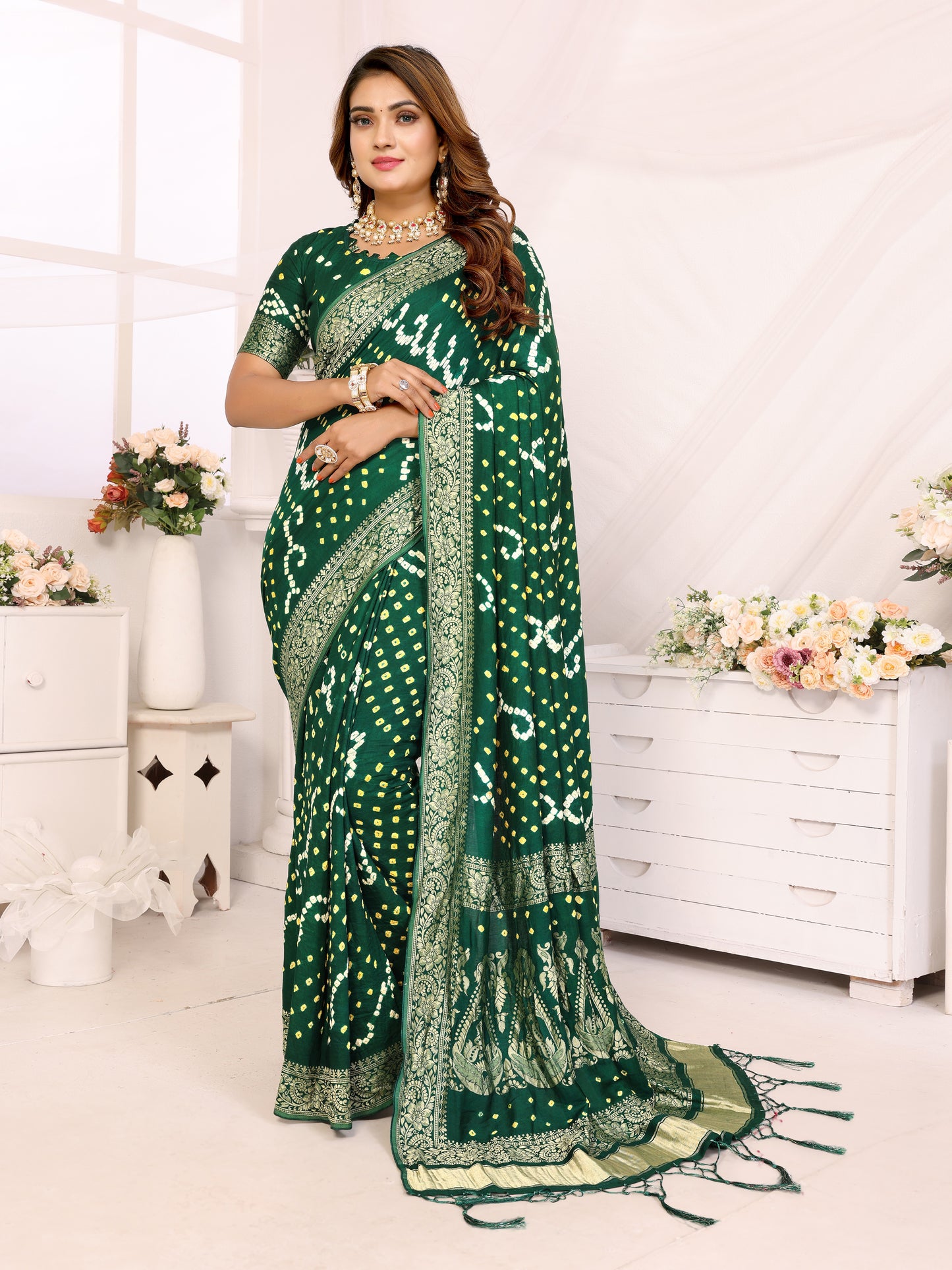 Dark Green Handwork Bandhej Bandhani Misco Gaji Kalash Saree