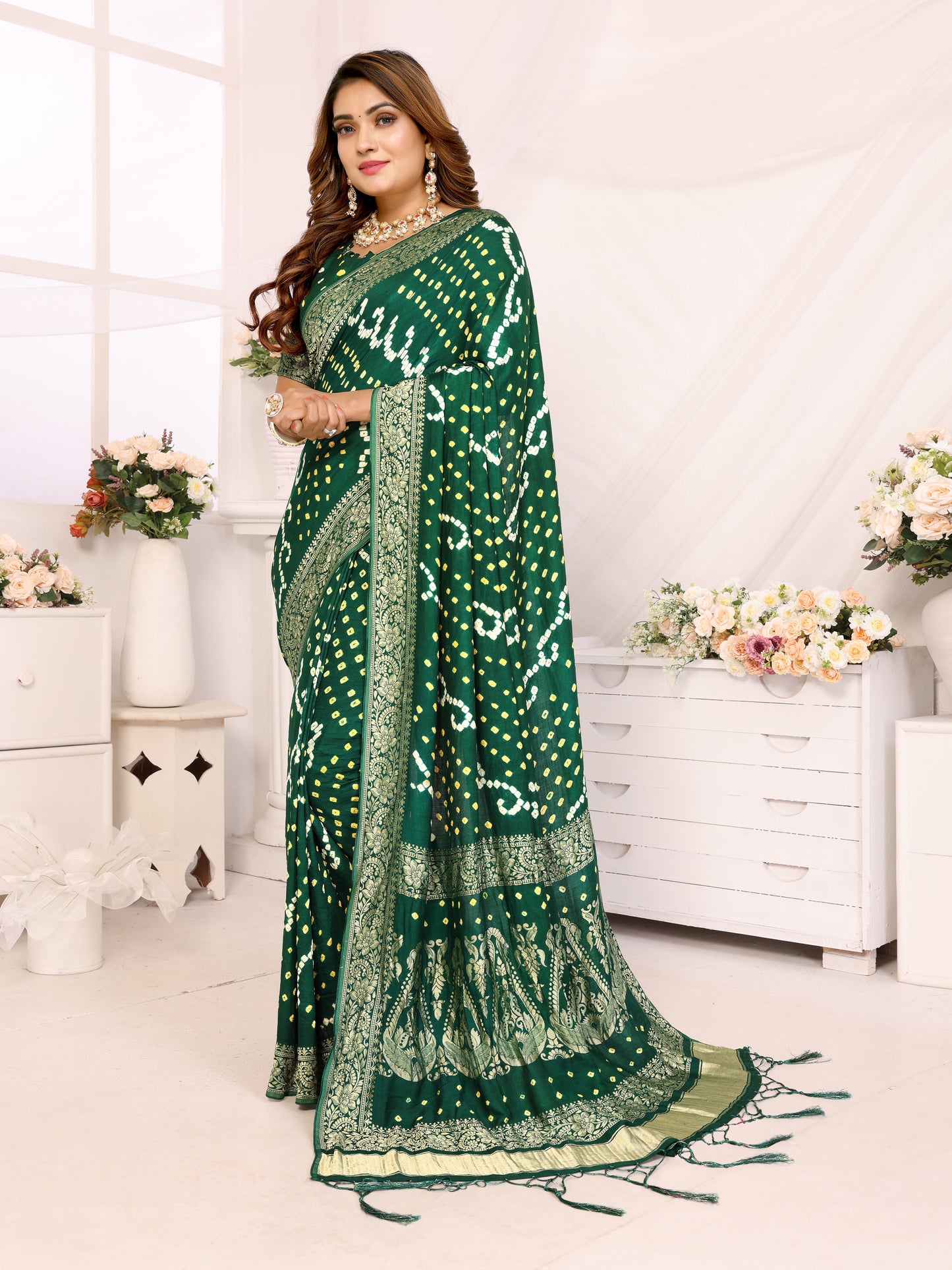 Dark Green Handwork Bandhej Bandhani Misco Gaji Kalash Saree