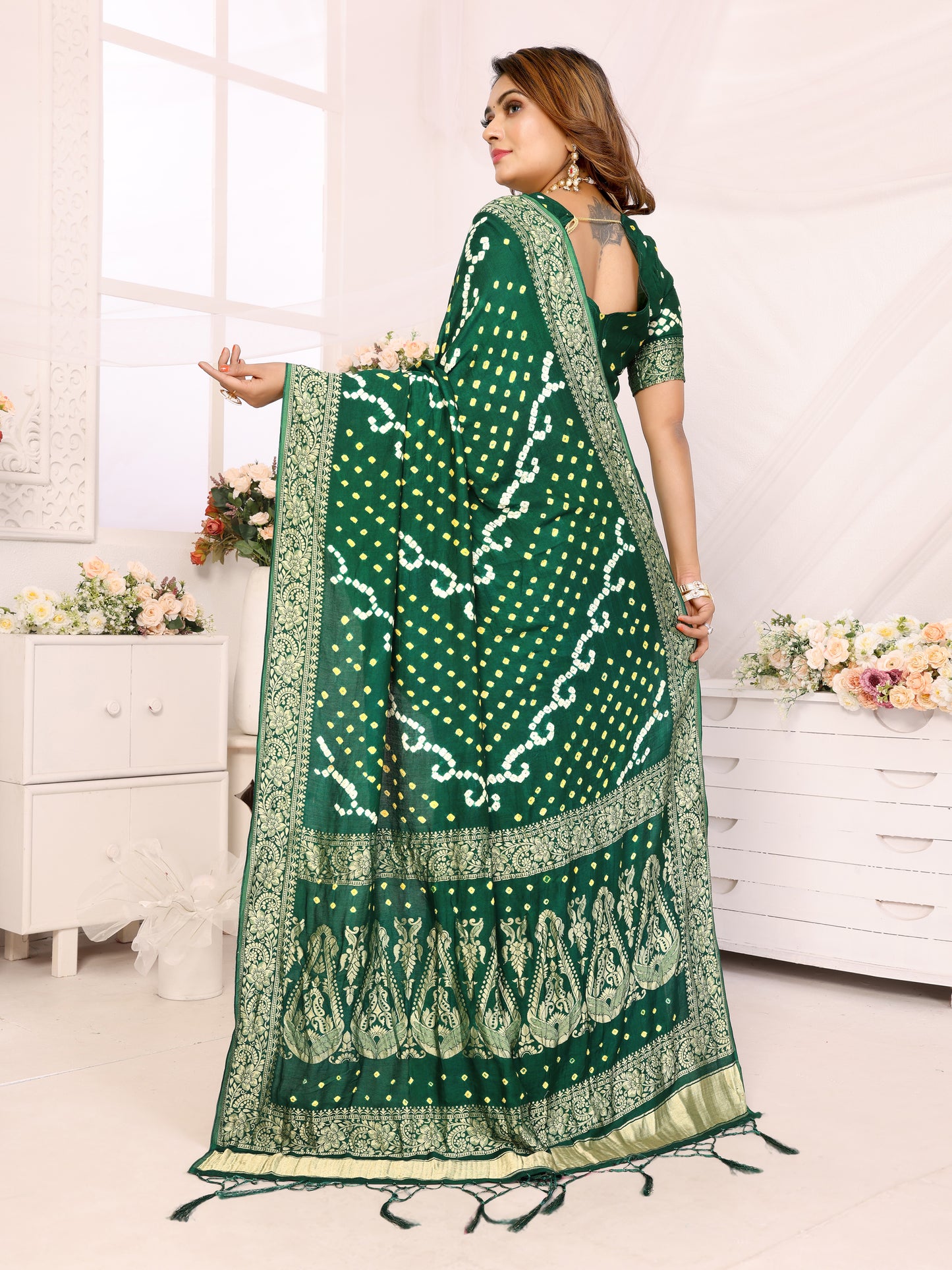 Dark Green Handwork Bandhej Bandhani Misco Gaji Kalash Saree