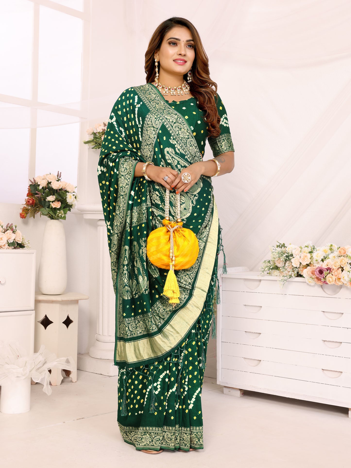 Dark Green Handwork Bandhej Bandhani Misco Gaji Kalash Saree