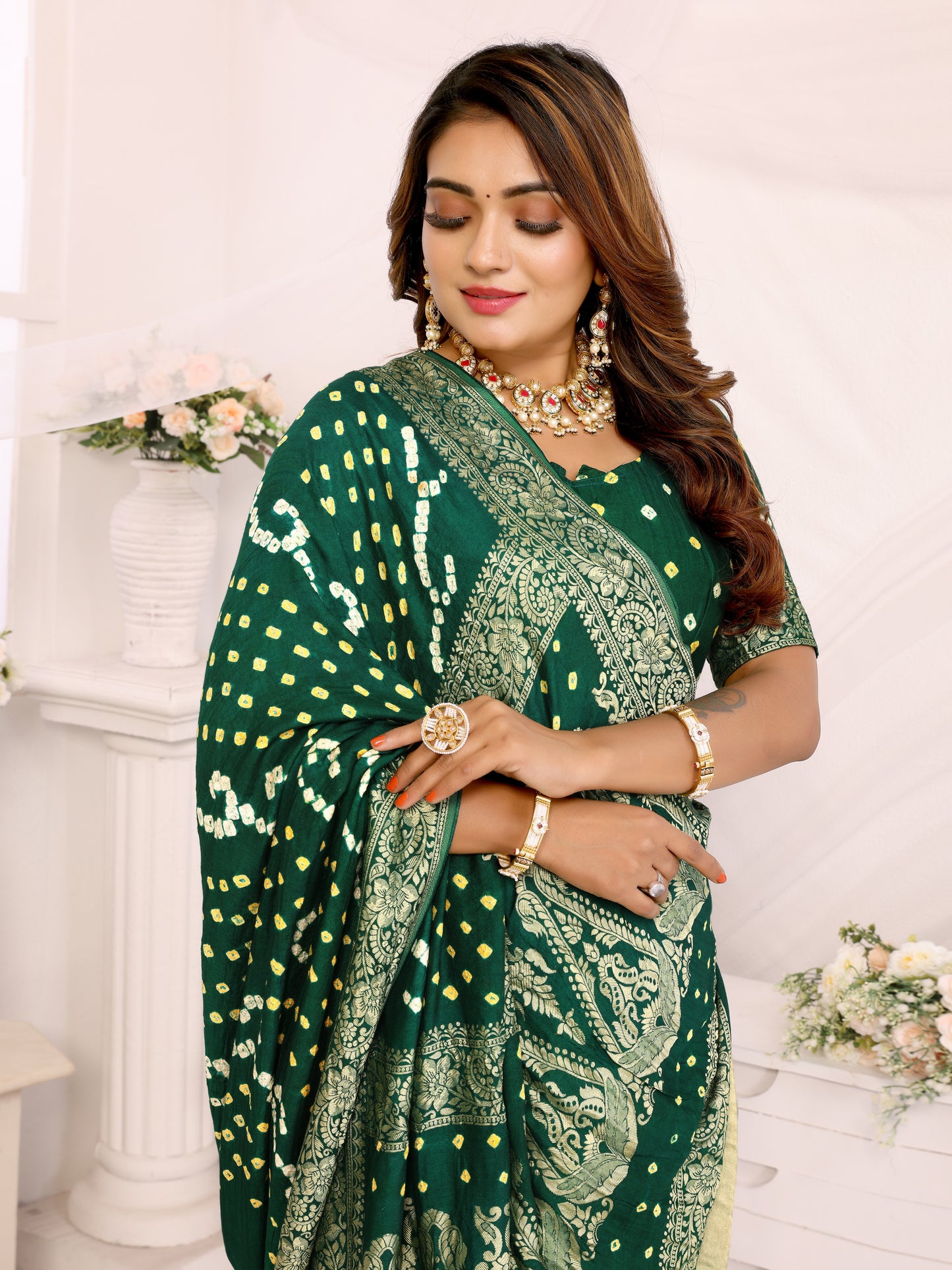 Dark Green Handwork Bandhej Bandhani Misco Gaji Kalash Saree