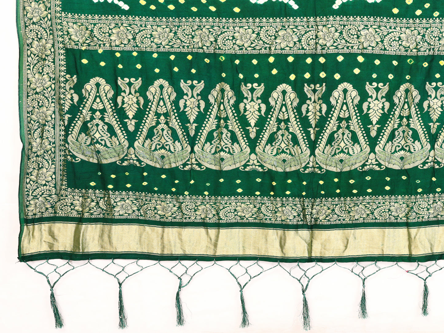 Dark Green Handwork Bandhej Bandhani Misco Gaji Kalash Saree