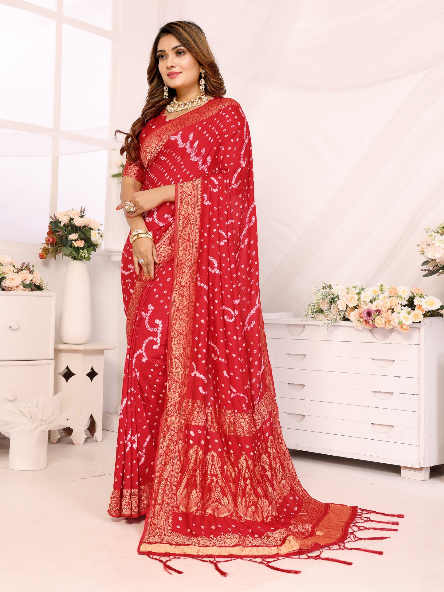 Red Handwork Bandhej Bandhani Misco Gaji Kalash Saree