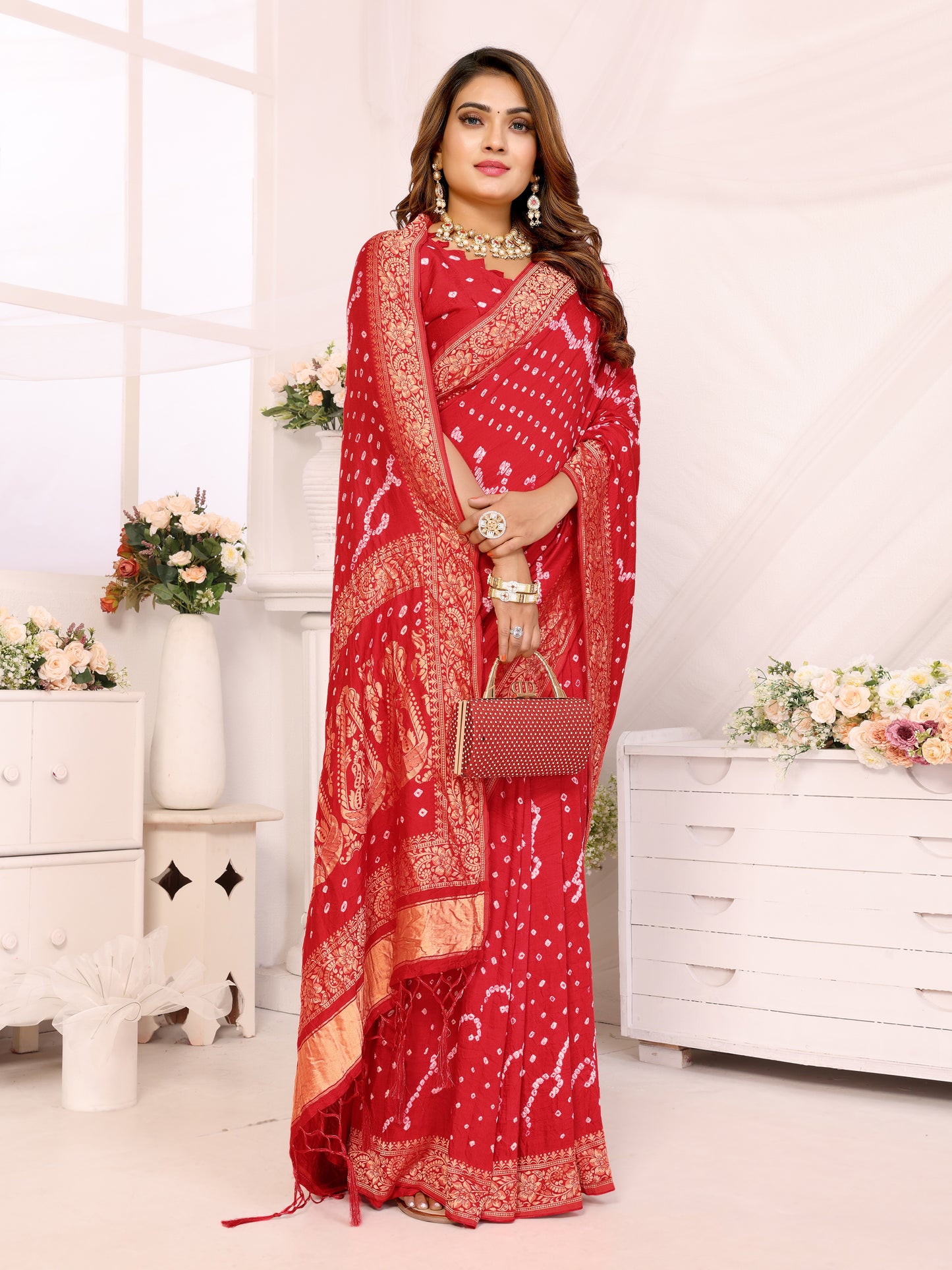 Red Handwork Bandhej Bandhani Misco Gaji Kalash Saree