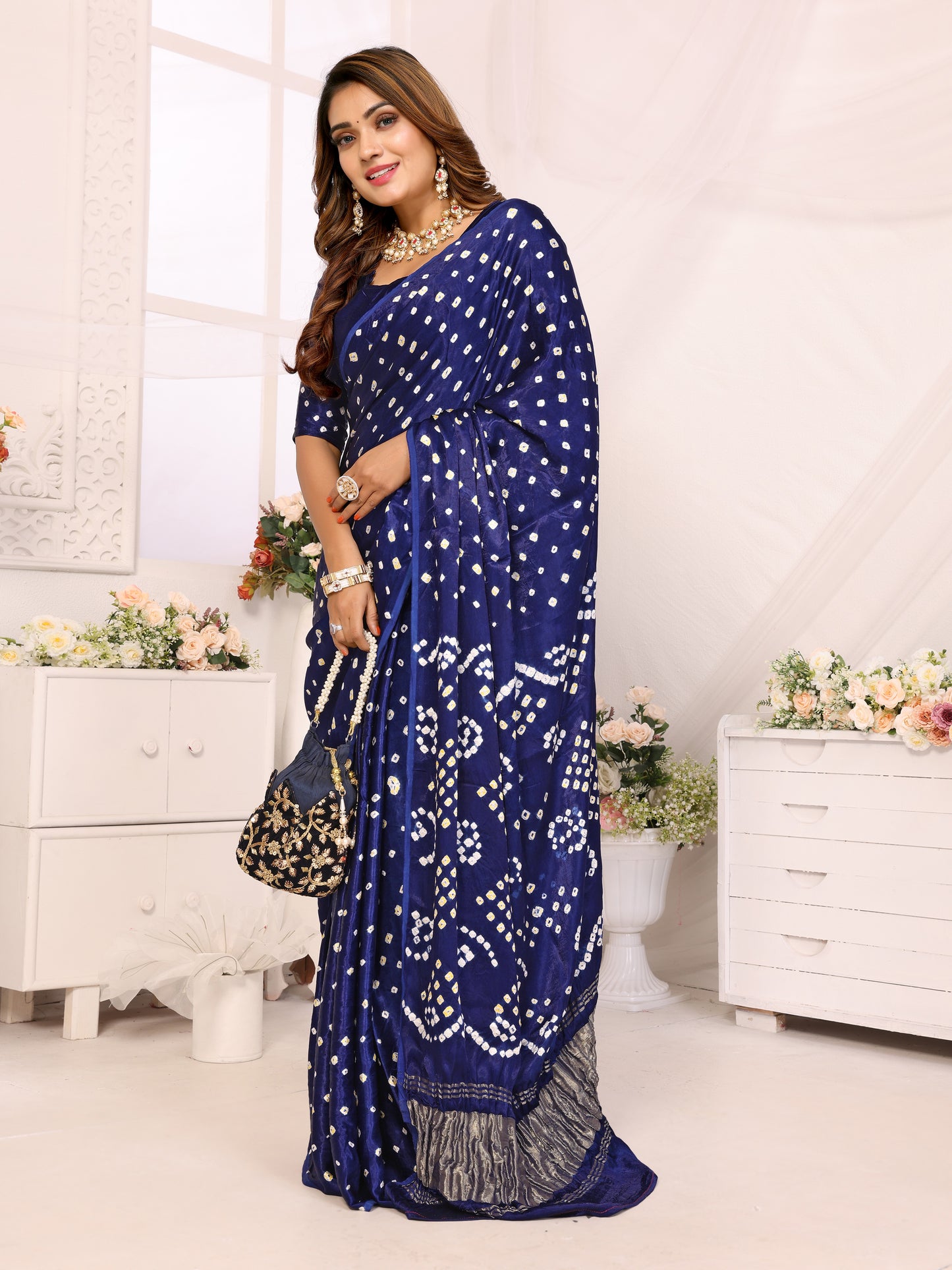 Indigo Blue Bandhej Bandhani Saree Misco Gaji Dani Lagadi Patto