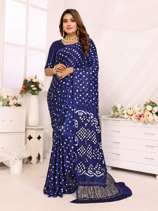 Indigo Blue Bandhej Bandhani Saree Misco Gaji Dani Lagadi Patto