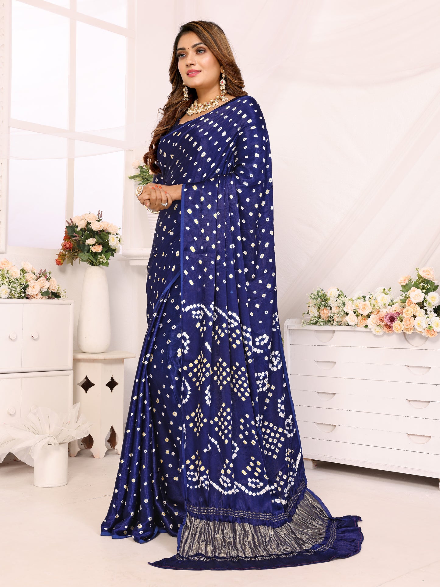 Indigo Blue Bandhej Bandhani Saree Misco Gaji Dani Lagadi Patto