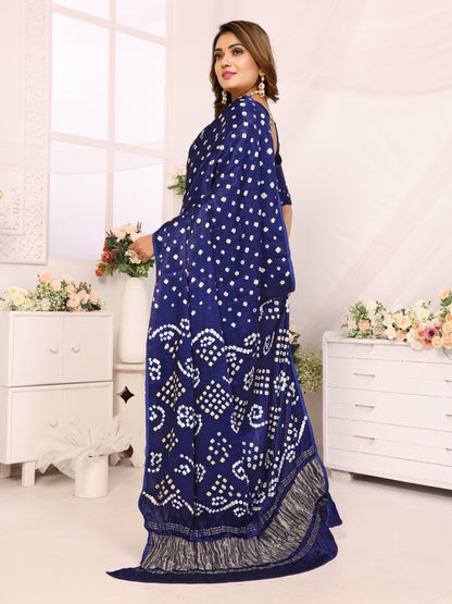 Indigo Blue Bandhej Bandhani Saree Misco Gaji Dani Lagadi Patto