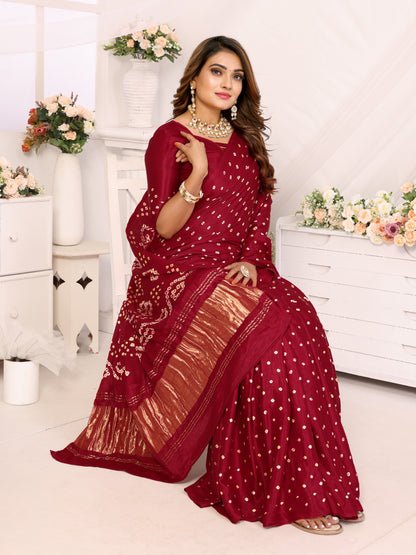 Maroon Bandhej Bandhani Saree Misco Gaji Dani Lagadi Patto